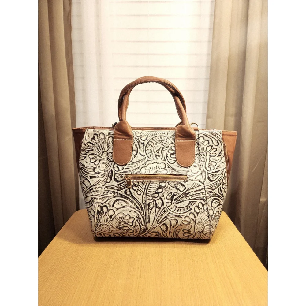 Brown Off White Zippered Floral Embossed Tooled Artisanal LEATHER Bag Purse